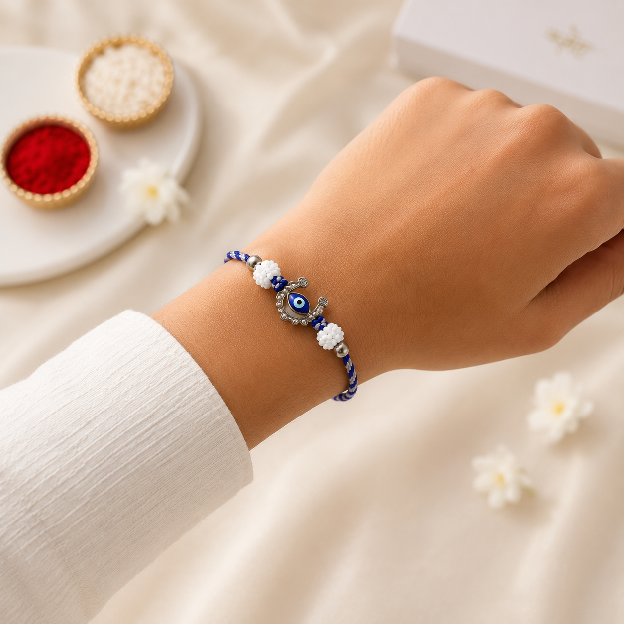 Evil Eye Rakhi – Handcrafted Nazar Suraksha Bracelet for Brother